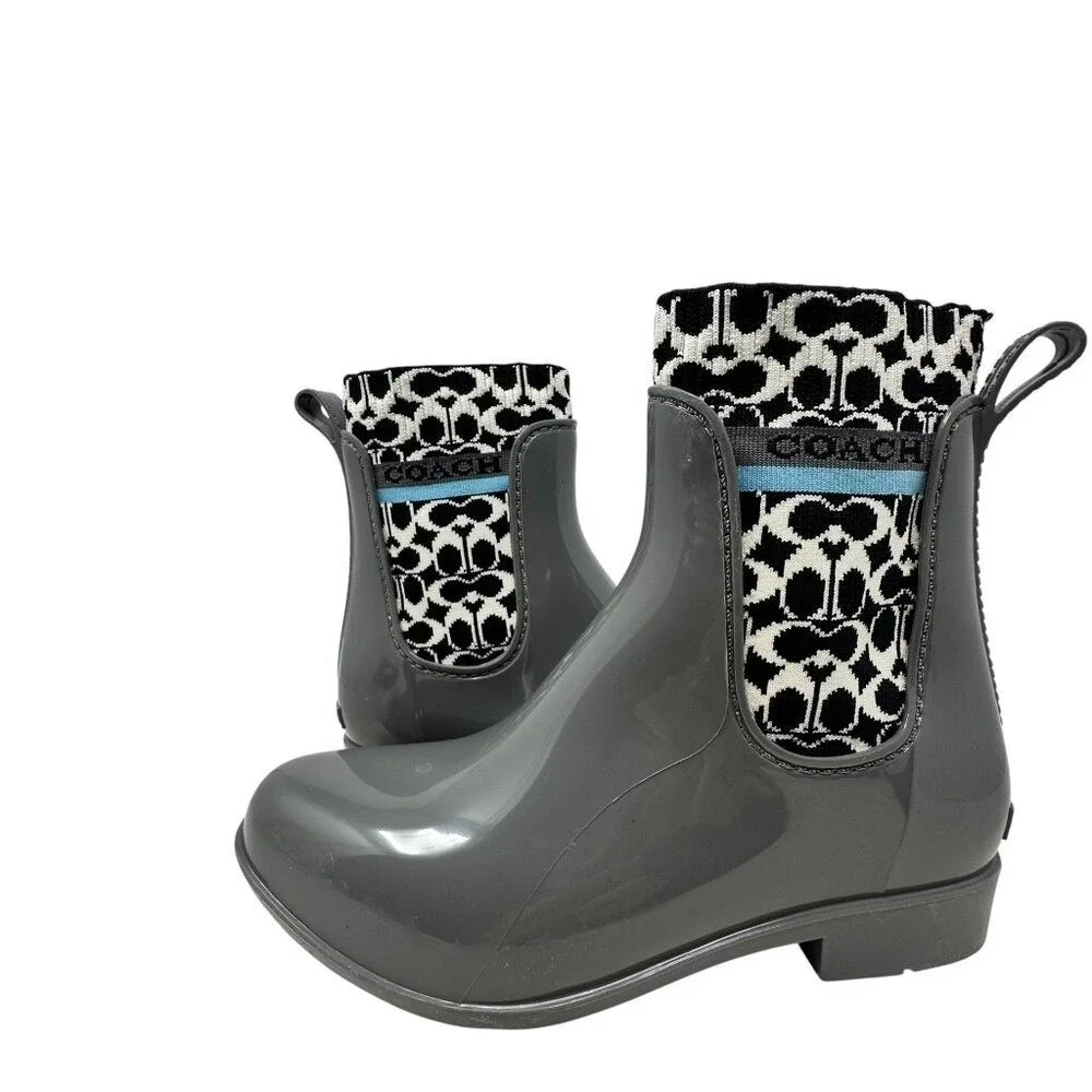 Coach Rivington Rainboots - Gray Rubber‎ w/ Blk and white logo sock - Size 7